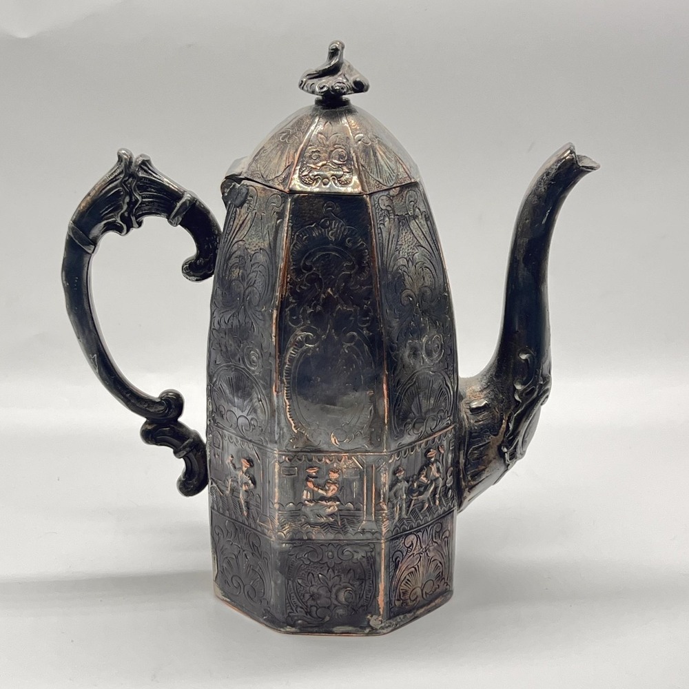 Vintage Victorian Silverplate Figural Tavern Scene Octagonal Coffee Tea Set UK - Picture 7 of 16
